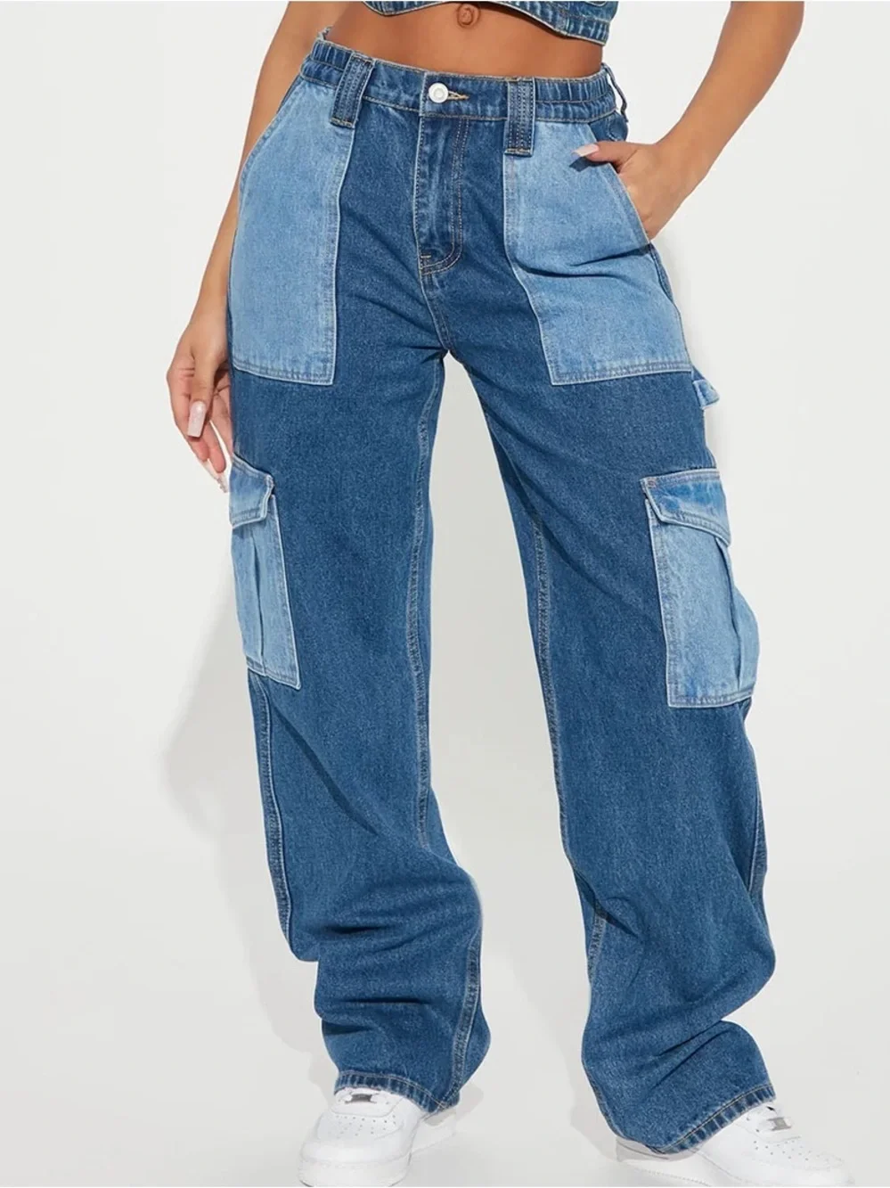 Two Tone Carpenter Cargo Jeans Straight Leg‎ Multi Pocket Patchwork Denim